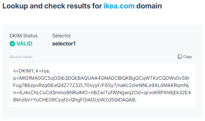 Valid DKIM record lookup confirming domain authentication for ikea.com
