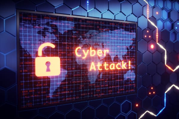 Digital map and hex-pattern background with unlocked padlock icon and glowing text “Cyber Attack!”, representing real-world breach scenarios described by a fractional CISO