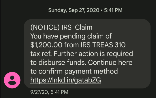Example of IRS tax refund smishing text message phishing scam