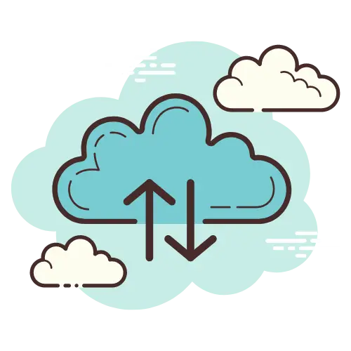 Cloud icon with up and down arrows enclosed in a data cloud, representing backup and disaster recovery systems—a key hard cost element for CMMC compliance