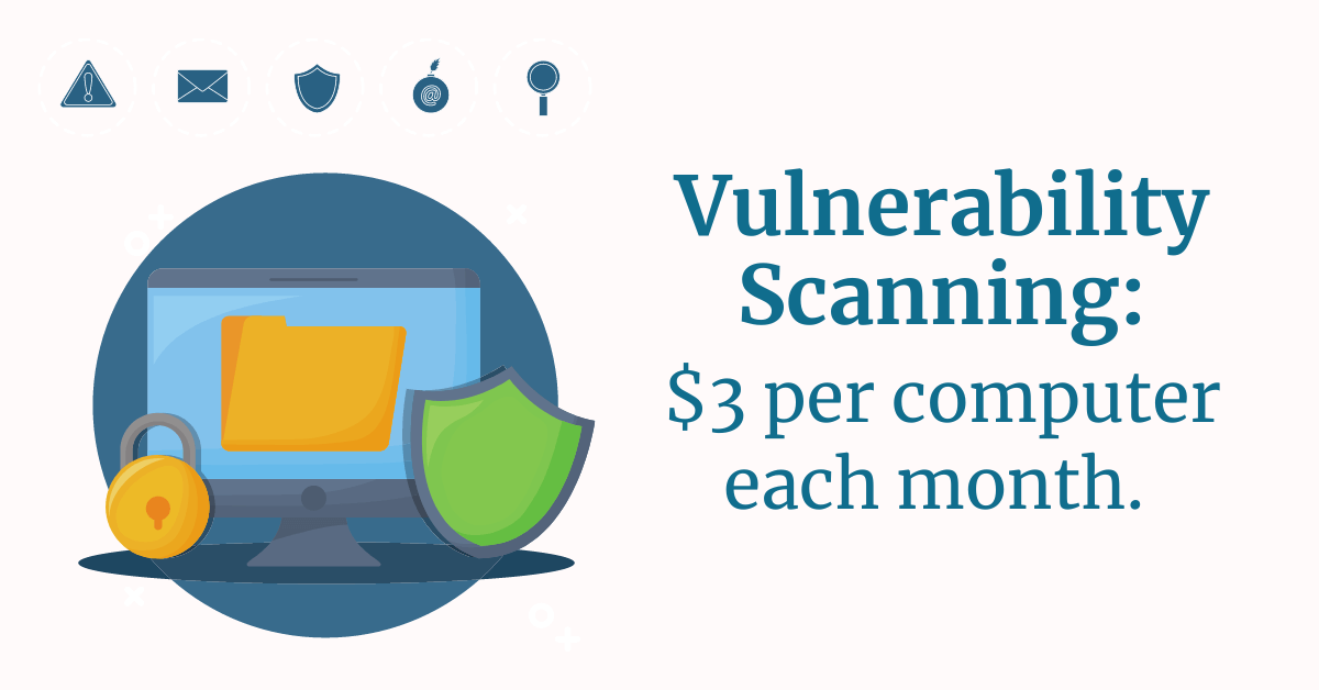 Desktop monitor displaying a folder with shield and lock icons, alongside text “Vulnerability Scanning: $3 per computer each month,” representing the typical per-device cost for regular security scans under CMMC.