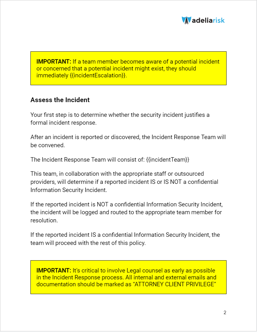 Incident response policy template with escalation, assessment steps, and legal counsel guidance