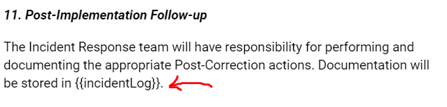 Incident response policy template showing post-implementation follow-up and incident log documentation