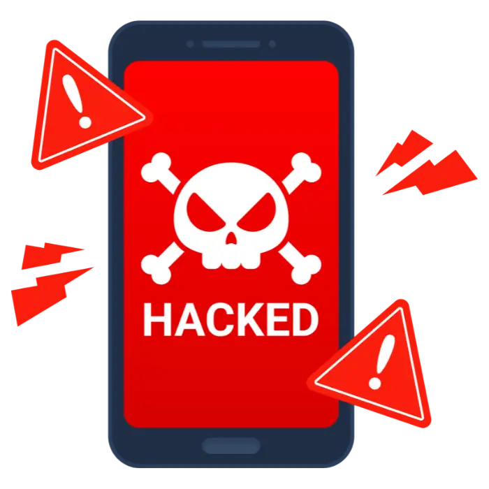 Illustration of a hacked smartphone with skull warning and security alert icons.