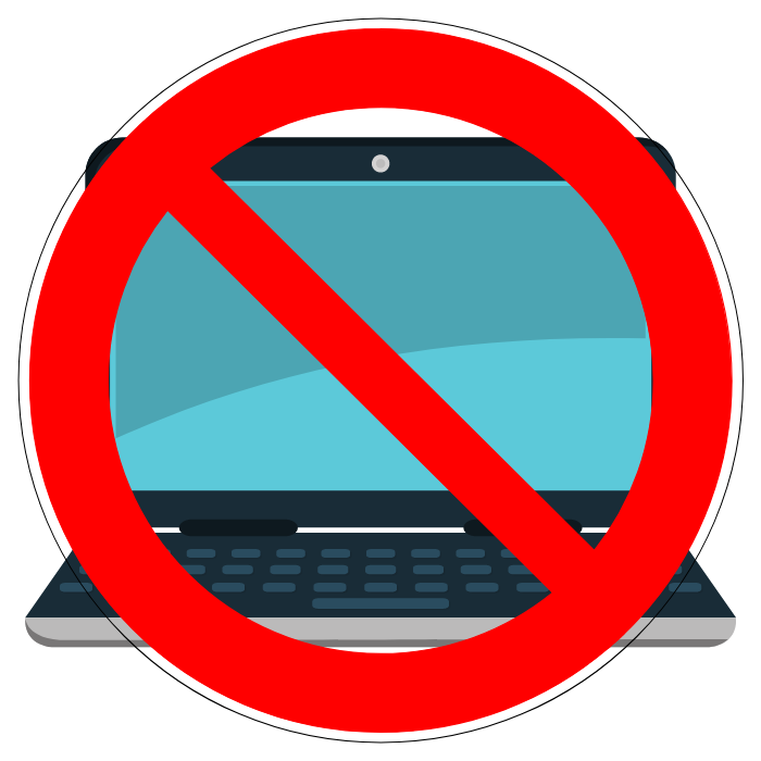 Illustration of a laptop with a red prohibition sign symbolizing a computer shutdown after a suspected cybersecurity attack.