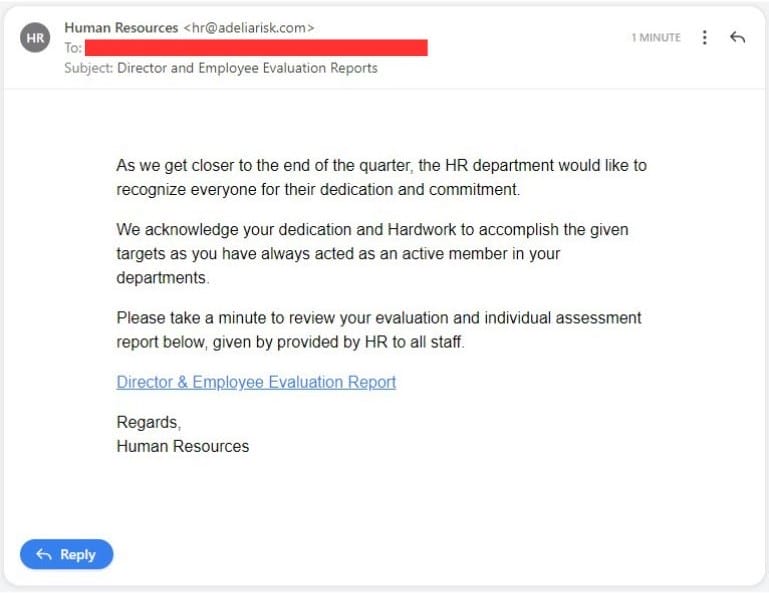 Phishing email disguised as HR employee performance evaluation report