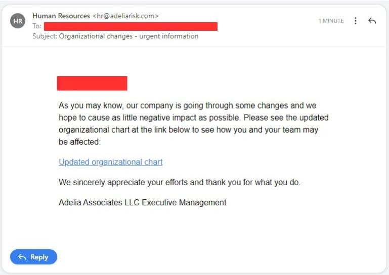 Phishing email impersonating HR about organizational changes with malicious link