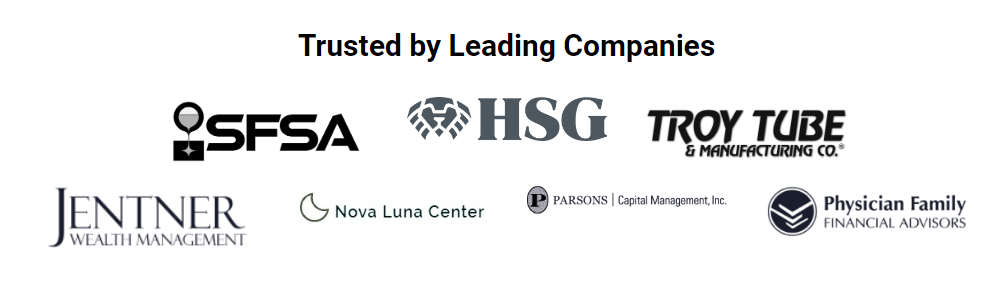 Logos of trusted clients including SFSA, HSG, Troy Tube, Jentner Wealth Management, Nova Luna Center, Parsons Capital Management, and Physician Family Financial Advisors