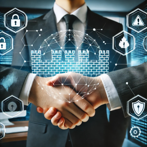 Business handshake with cybersecurity icons representing contract clauses for small contractors