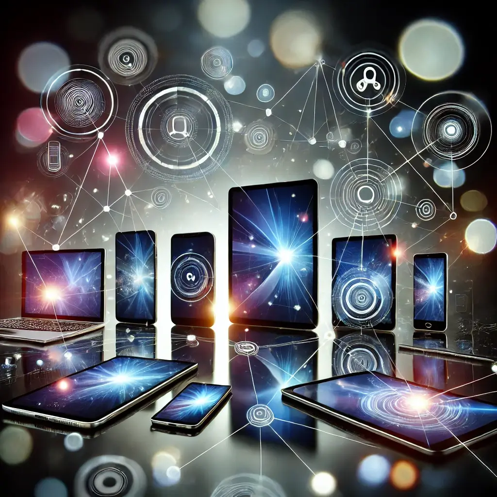 Multiple connected mobile devices secured with MDM cybersecurity for business protection.