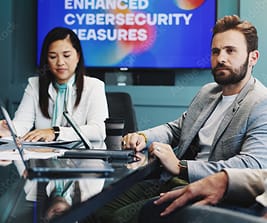 Business professionals discussing technology solutions