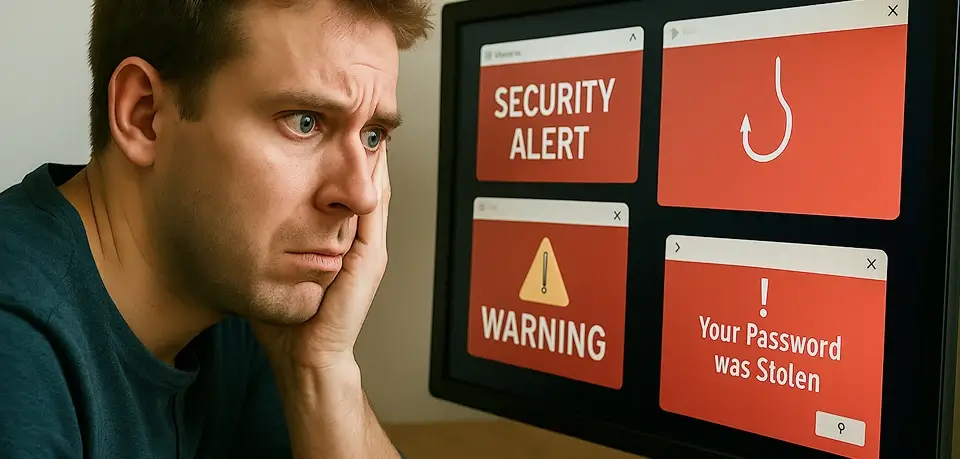 Worried employee watches security alerts and ‘Your password was stolen’—a phishing attack warning.