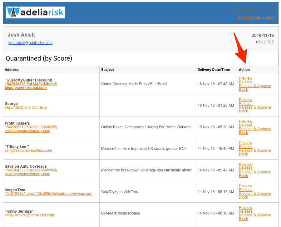 Adelia Risk Quarantine Digest email banner example