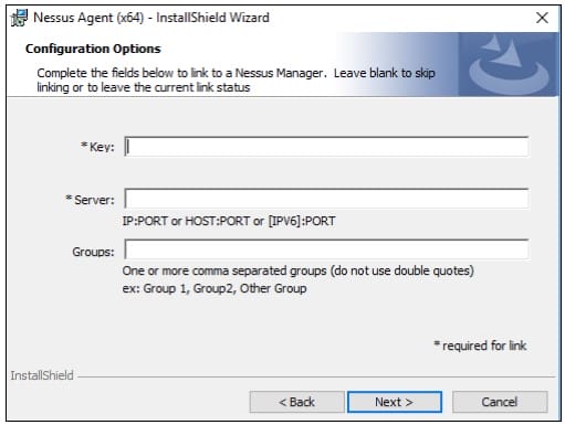 Tenable security configuration wizard setup screen