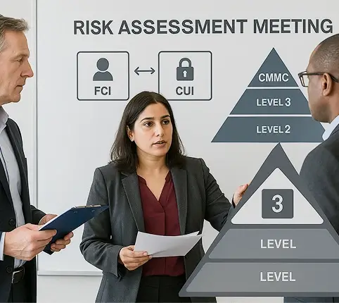 Three professionals in a risk assessment meeting with a whiteboard showing CUI, FCI and a CMMC maturity model pyramid levels 1 to 3.