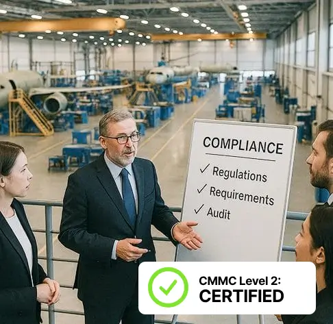 Business leader presenting compliance requirements and audit checklist to a team in an industrial facility