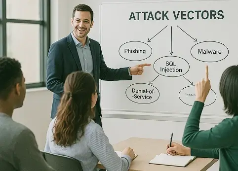 Cybersecurity expert presenting attack vectors including phishing, malware, SQL injection, and denial-of-service to a business team.