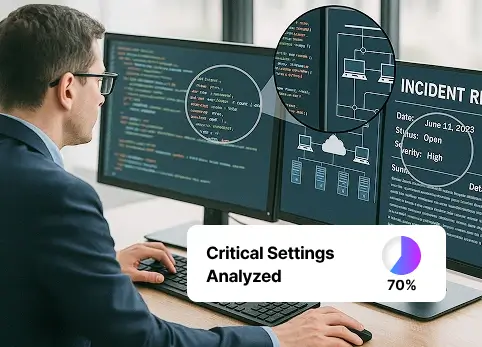 Cybersecurity analyst reviewing incident response data and critical system settings on dual monitors.