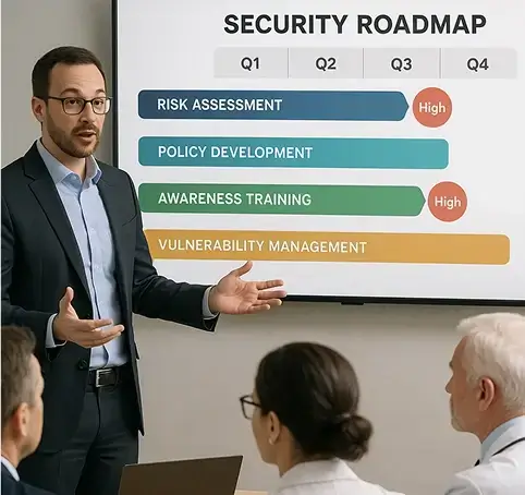 Healthcare virtual CISO presenting cybersecurity security roadmap with risk assessment, policy development, and awareness training.