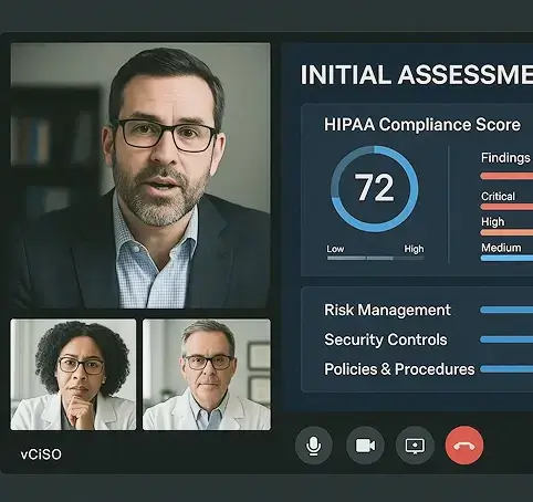 Healthcare virtual CISO conducting HIPAA compliance assessment with risk management, security controls, and policies review.
