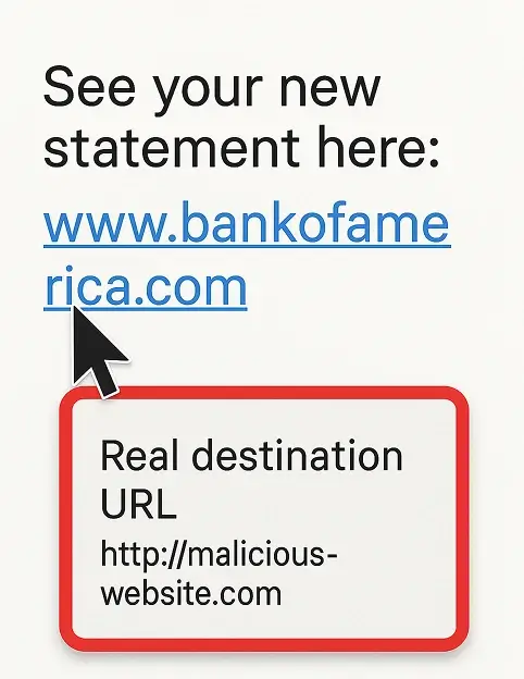 Example of phishing email with fake bank link redirecting to malicious website URL.