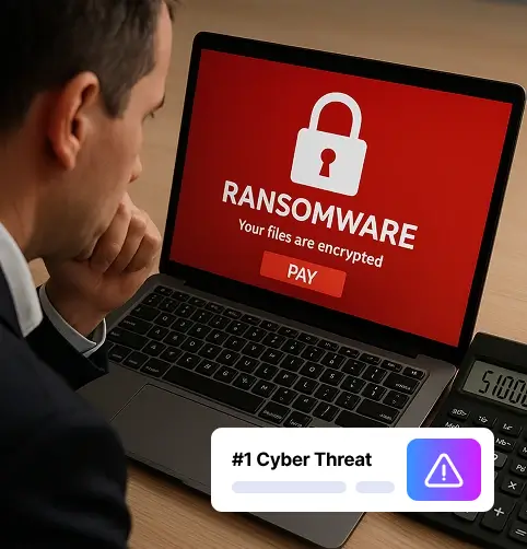 Man faces ransomware attack warning on laptop screen demanding payment.