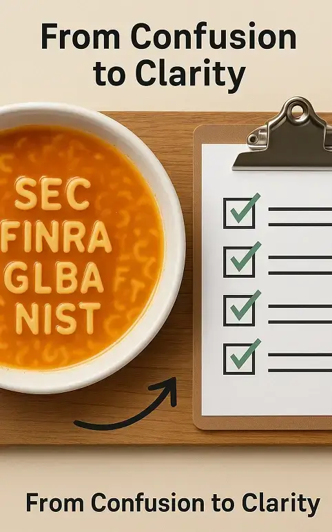 From confusion to clarity illustration showing SEC, FINRA, GLBA, and NIST compliance requirements with checklist.