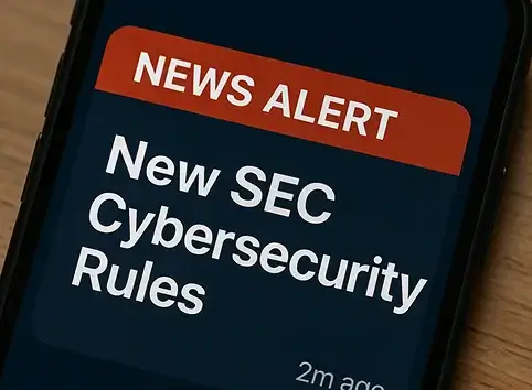 News alert on smartphone screen about new SEC cybersecurity rules impacting registered investment advisors.