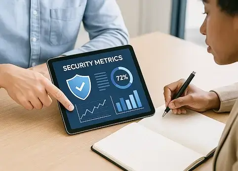 Person reviewing security metrics on a tablet showing a shield icon, 72% metric, and trend graphs&mdash;highlighting data-driven cybersecurity strategy.