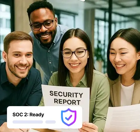 Diverse team reviewing security report together, emphasizing trust, compliance, and SOC 2 readiness