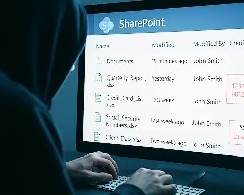 Hacker or unauthorized user viewing sensitive SharePoint files like credit card and social security data — illustrating cloud security breach risks