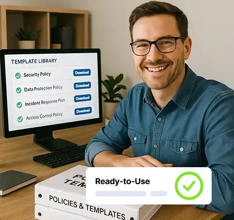Small business owner using ready-to-use cybersecurity policy templates for data protection and incident response.