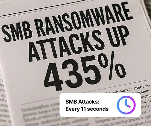 SMB ransomware attacks up 43% statistic highlighted in a newspaper-style graphic to underscore rising cloud security threat