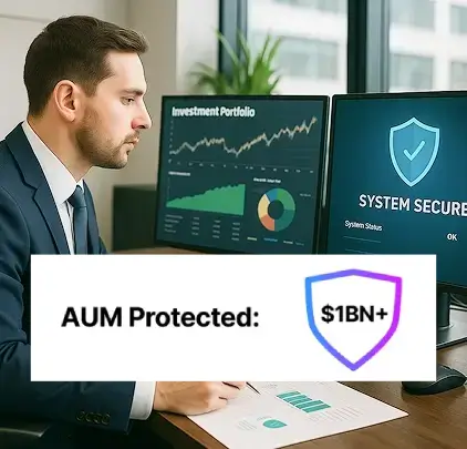 Cybersecurity expert monitoring investment portfolio and system security dashboard to protect healthcare data.