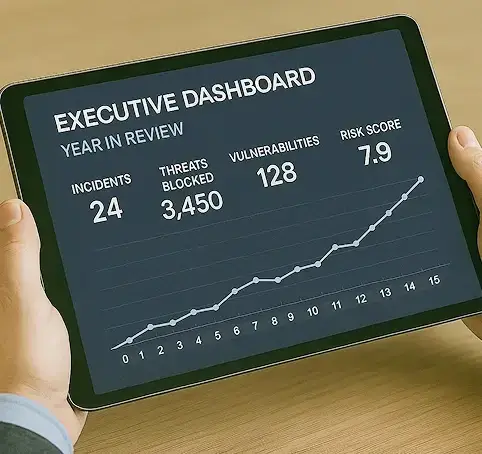 Healthcare executive dashboard showing cybersecurity incidents, threats blocked, vulnerabilities, and risk score.