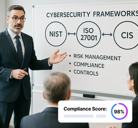 Person presenting cybersecurity frameworks (NIST, ISO 27001, CIS) for compliance and risk management