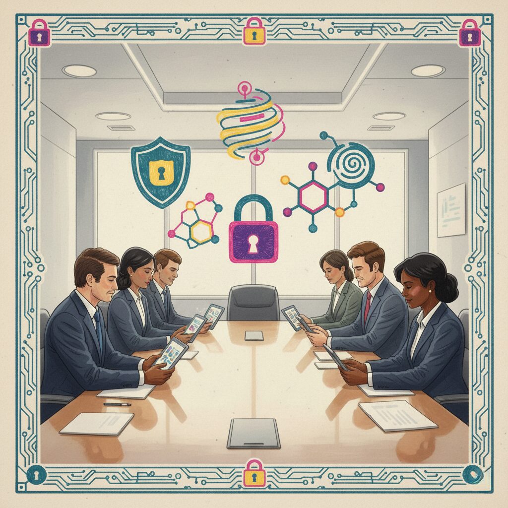 Business team implementing AI policy template for data security