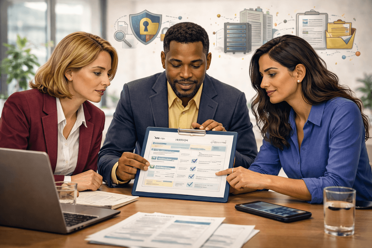 Business leaders reviewing IT provider transition plan to maintain cybersecurity and regulatory compliance