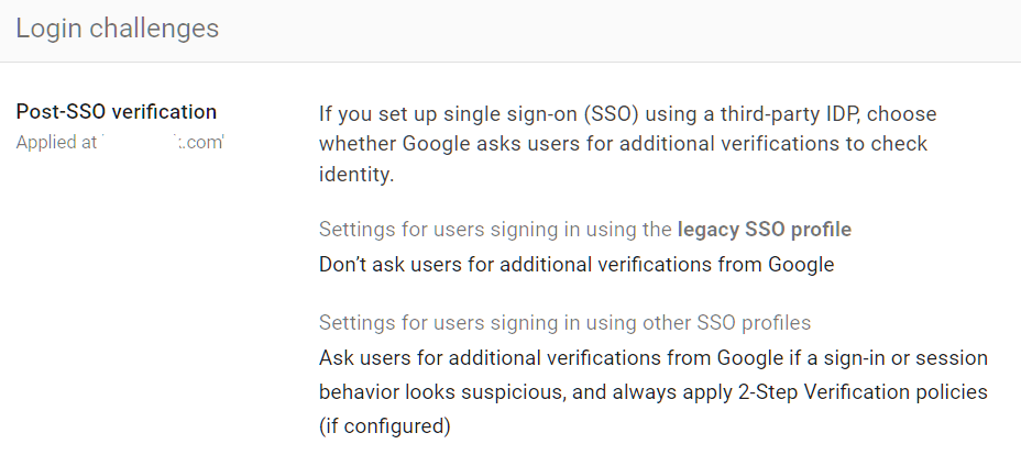 Google Admin Console screenshot: Post-SSO Verification and Login Challenges Configured at Security > Authentication > Login Challenges