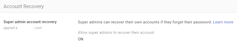 Google Admin Console screenshot: Super Admins Cannot Recover Their Own Accounts at Security > Authentication > Account Recovery