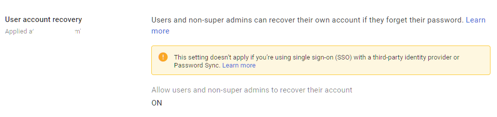 Google Admin Console screenshot: Non-Super Admins Cannot Recover Their Own Accounts at Security > Authentication > Account Recovery