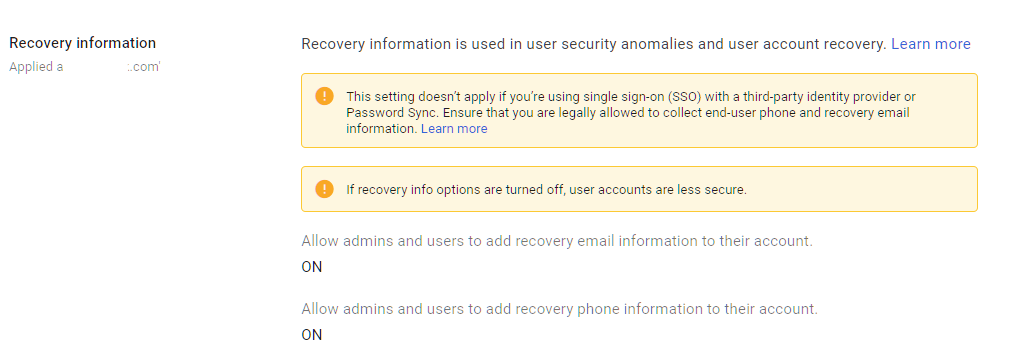 Google Admin Console screenshot: User Account Recovery Information Controls Configured at Security > Authentication > Account Recovery
