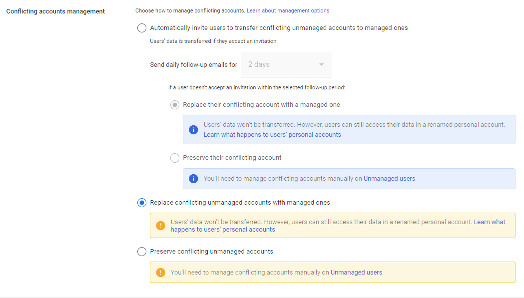 Google Admin Console screenshot: Conflicting Account Management Configured at Account Settings > Conflicting accounts management