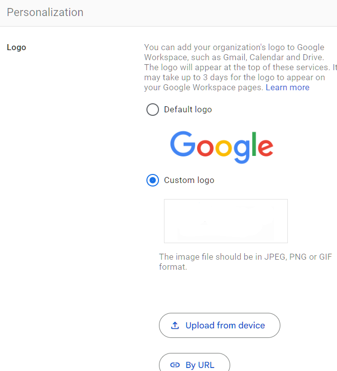 Google Admin Console screenshot: Custom Logo Uploaded at Account Settings > Personalization