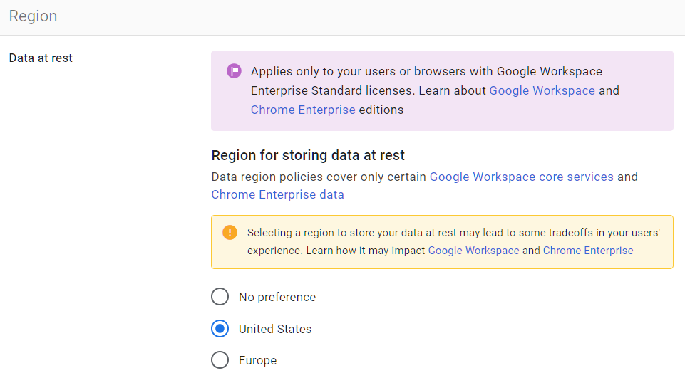 Google Admin Console screenshot: Data Region Policy Set at Data > Compliance > Data Regions