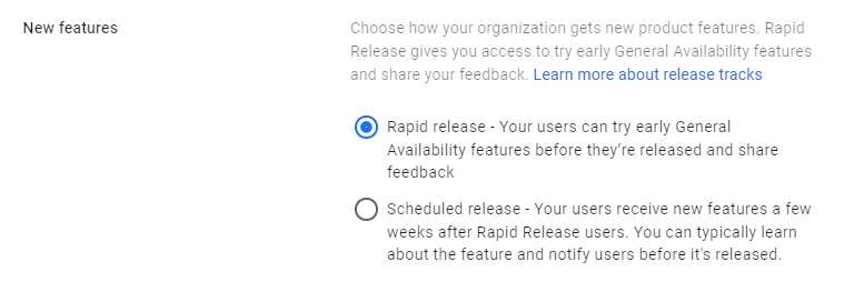 Google Admin Console screenshot: Scheduled Release Track Enabled at Account Settings > Preferences > New Features