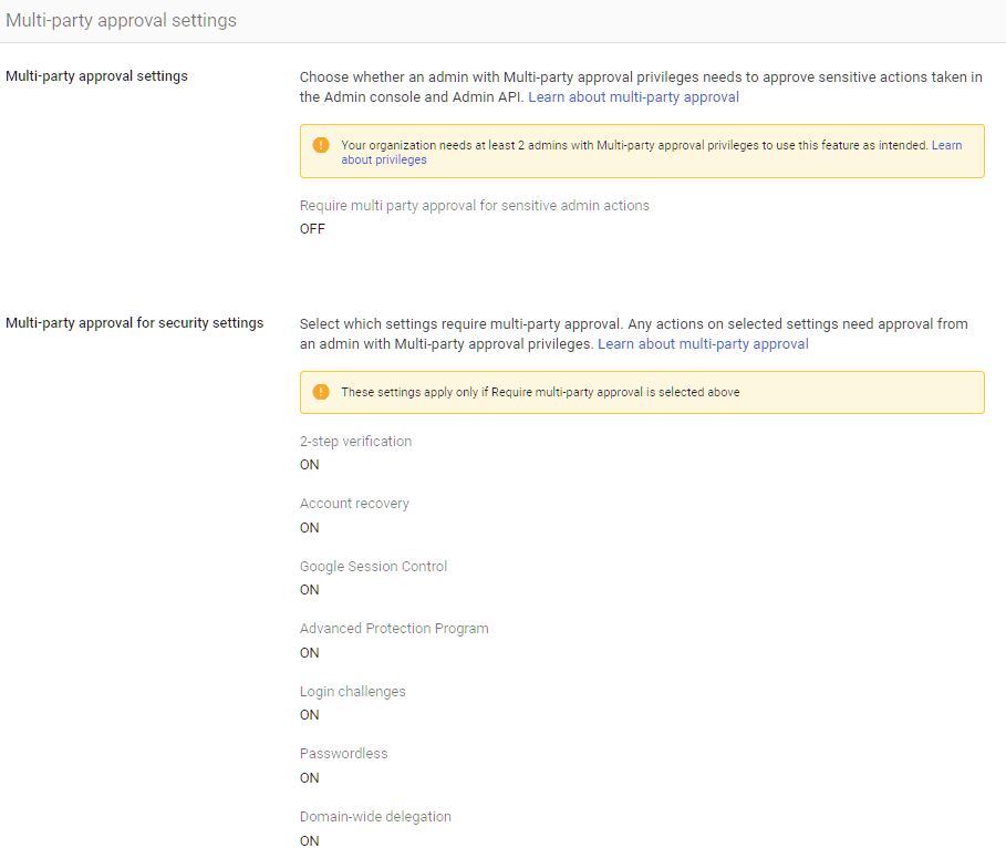 Google Admin Console screenshot: Multi-Party Approval Enabled for Sensitive Actions (Enterprise SKU Only) at Security > Authentication > Multi-party approval settings