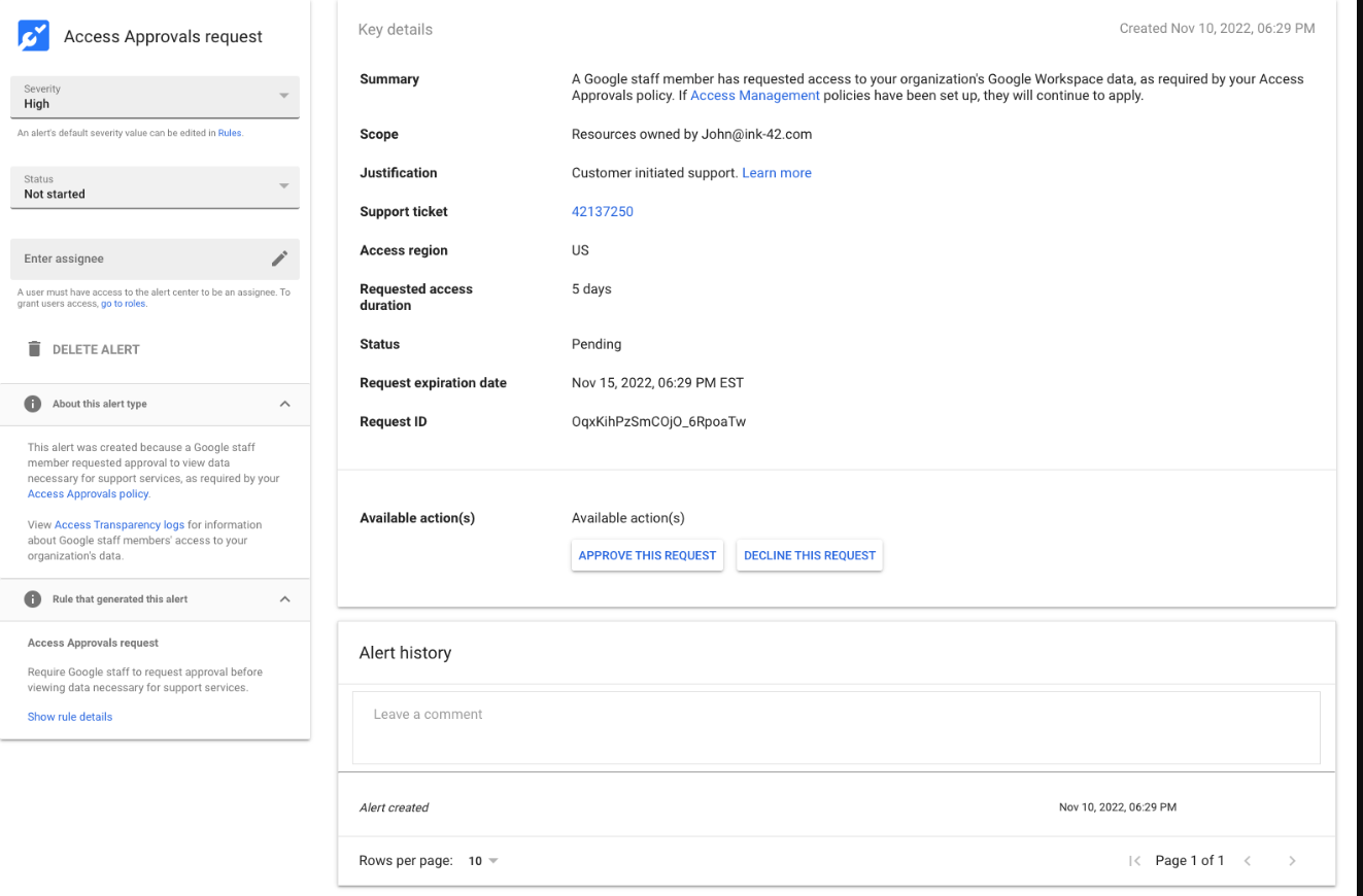 Google Admin Console screenshot: Access Approvals Configured for Google Support Access (Google Workspace Assured Controls or Assured Controls Plus Add-on Only) at Data > Compliance > Access Approvals
