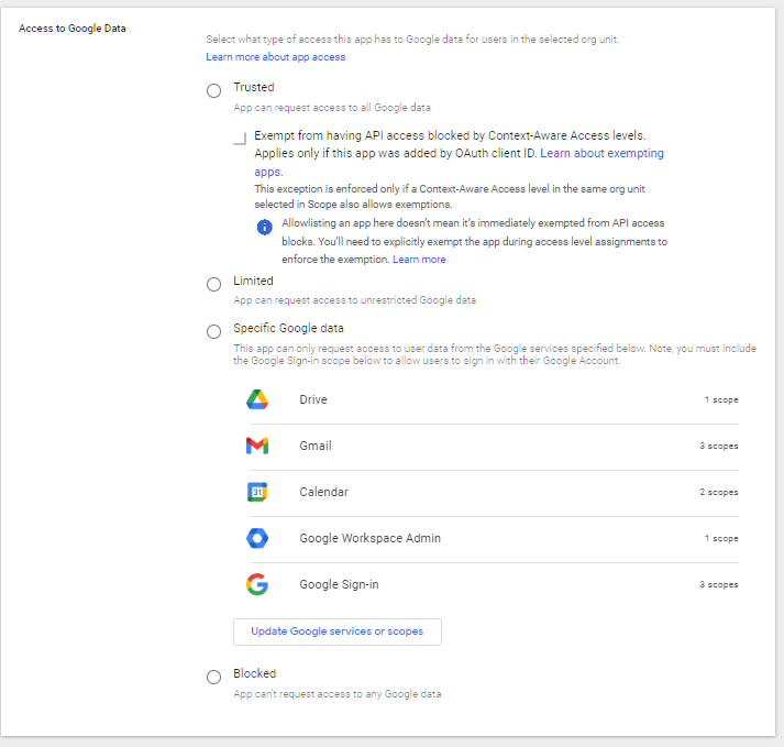 Google Admin Console screenshot: API Application Control Access Reviewed and Configured at Security > Access and data control > API controls > Manage App Access