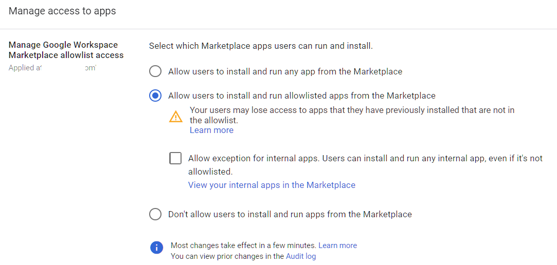 Google Admin Console screenshot: Google Marketplace Applications Properly Configured at Apps > Google Workspace Marketplace apps > Settings